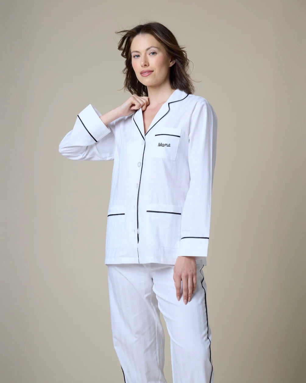 cotton pajama set with long sleeve and pants in white with black piping and 'mama' embroidered on the pocket