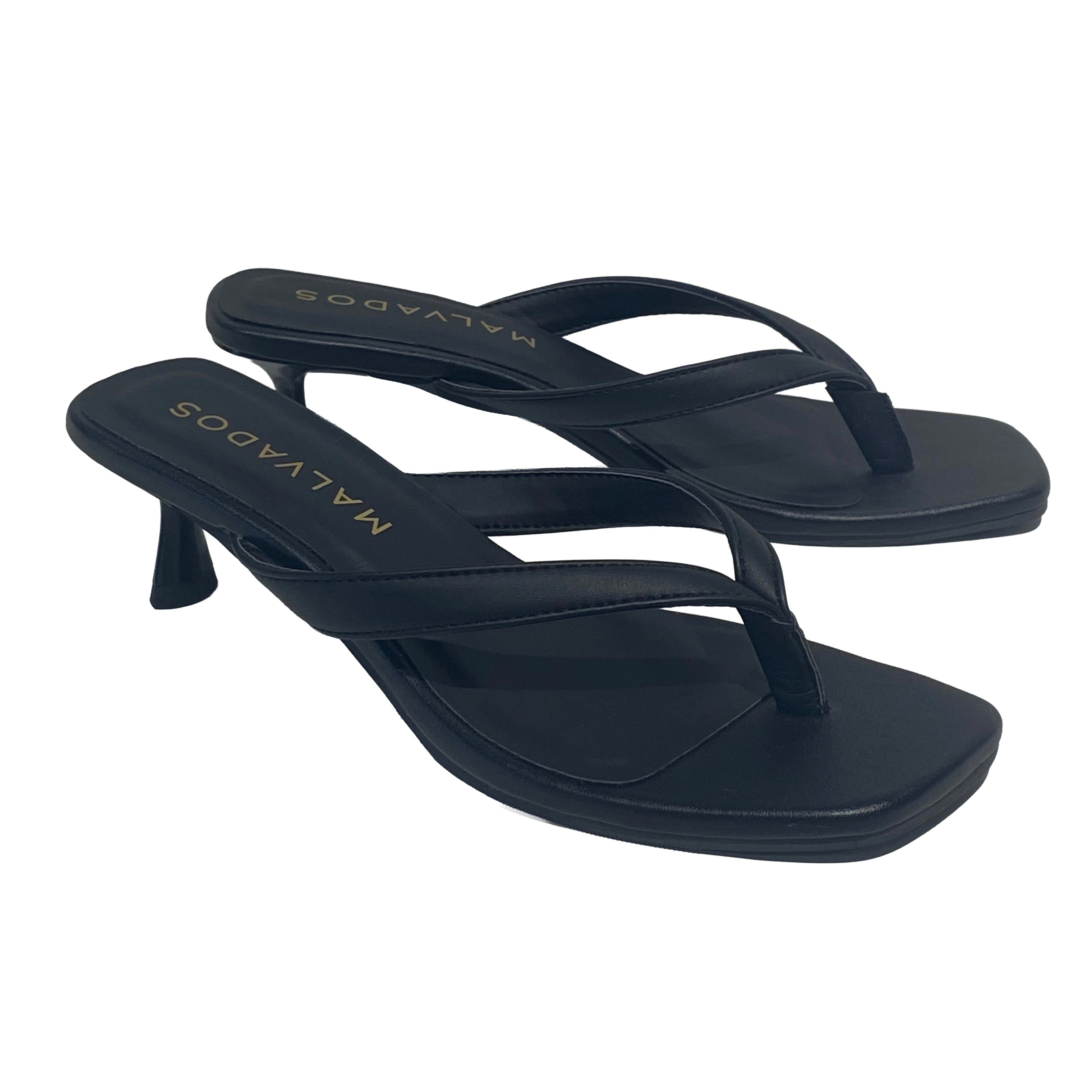black flip flops with a square toe and small heel