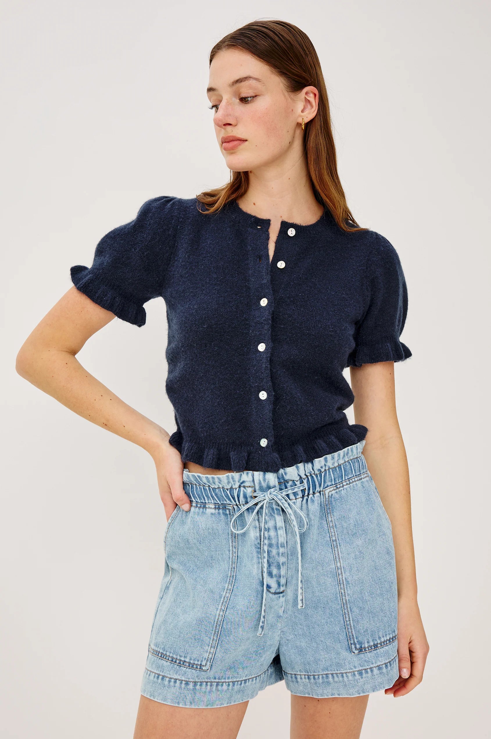 crop navy short sleeve sweater