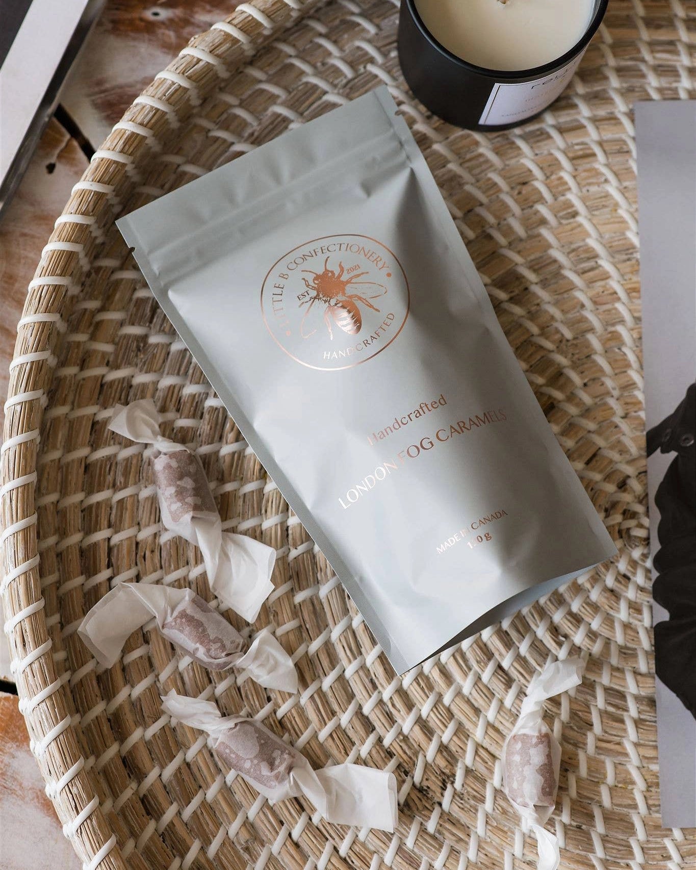 White bag of london fog caramels by Little B Confectionary