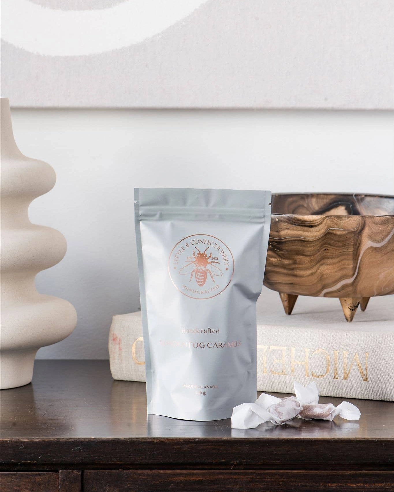 White bag of london fog caramels by Little B Confectionary