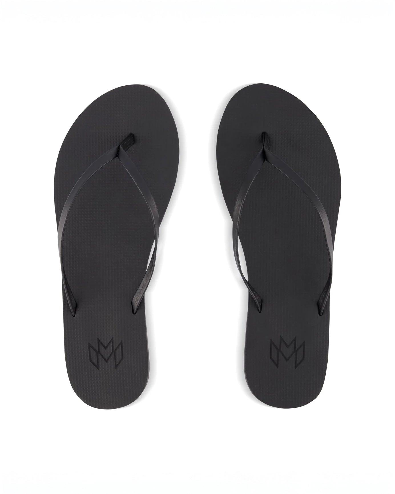 A pair of black flip flops, viewed from above.