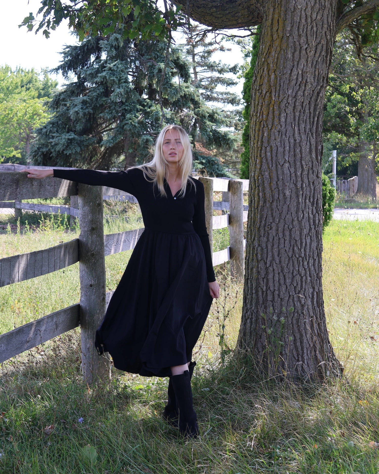 Woman in a long sleeve black dress with buttons and collar standing next to a wooden fence in a natural setting