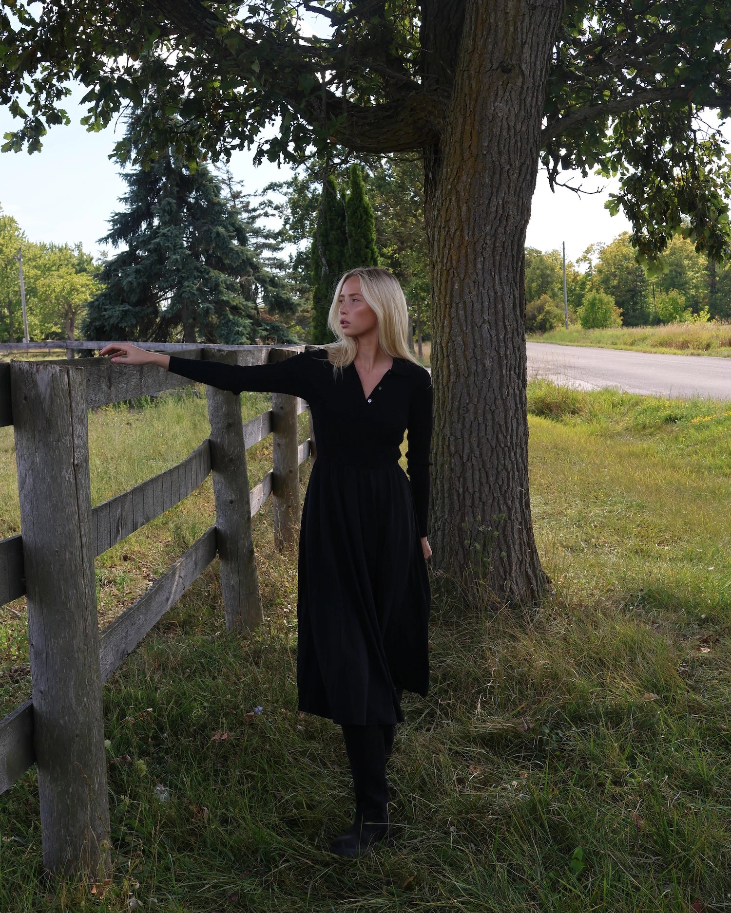 Woman in a long sleeve black dress with buttons and collar standing next to a wooden fence in a natural setting