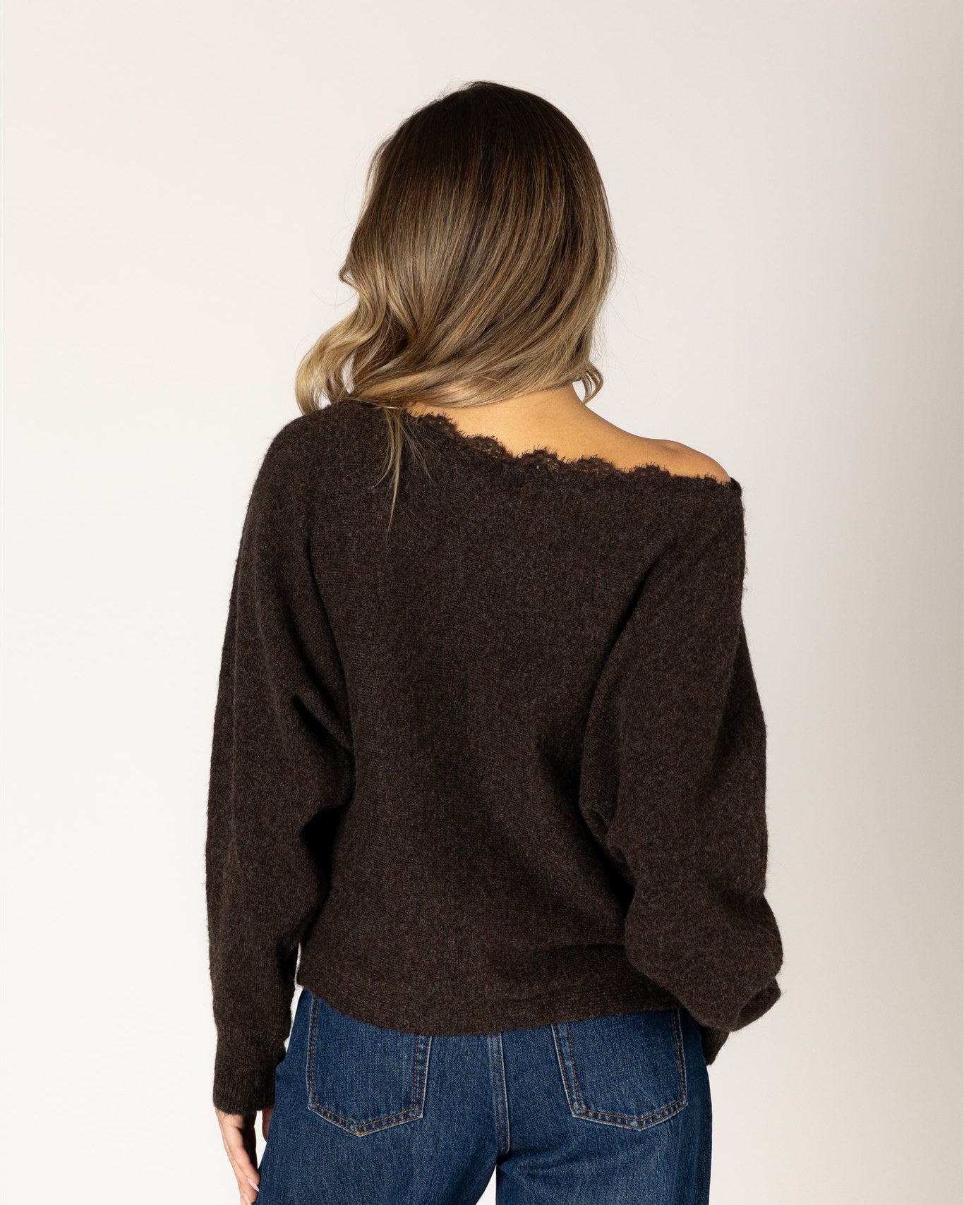 brown knit off the shoulder sweater