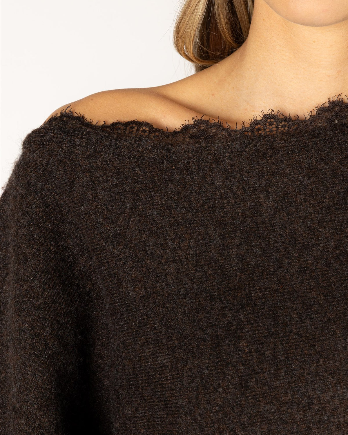 brown knit off the shoulder sweater
