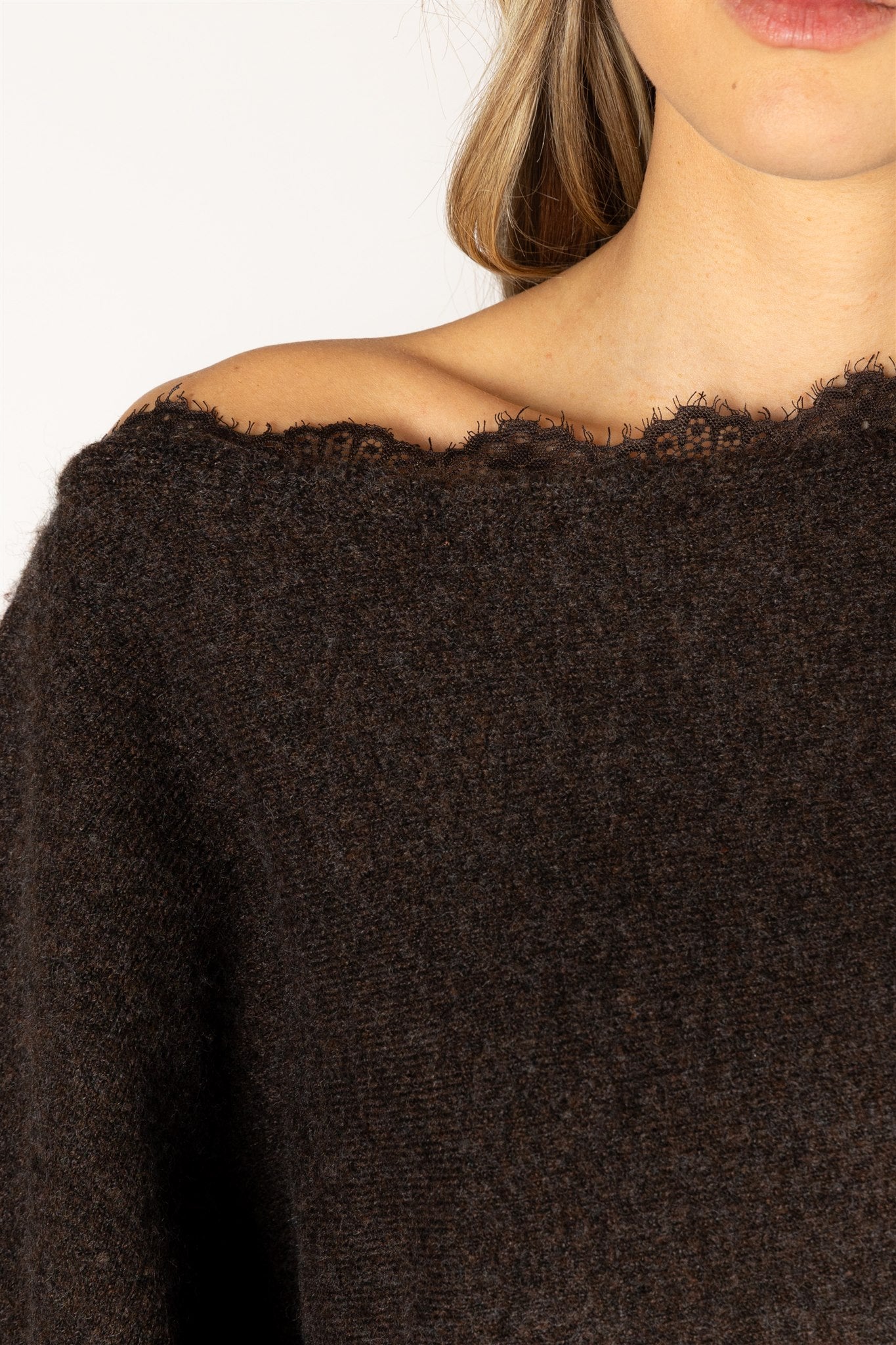 brown knit off the shoulder sweater