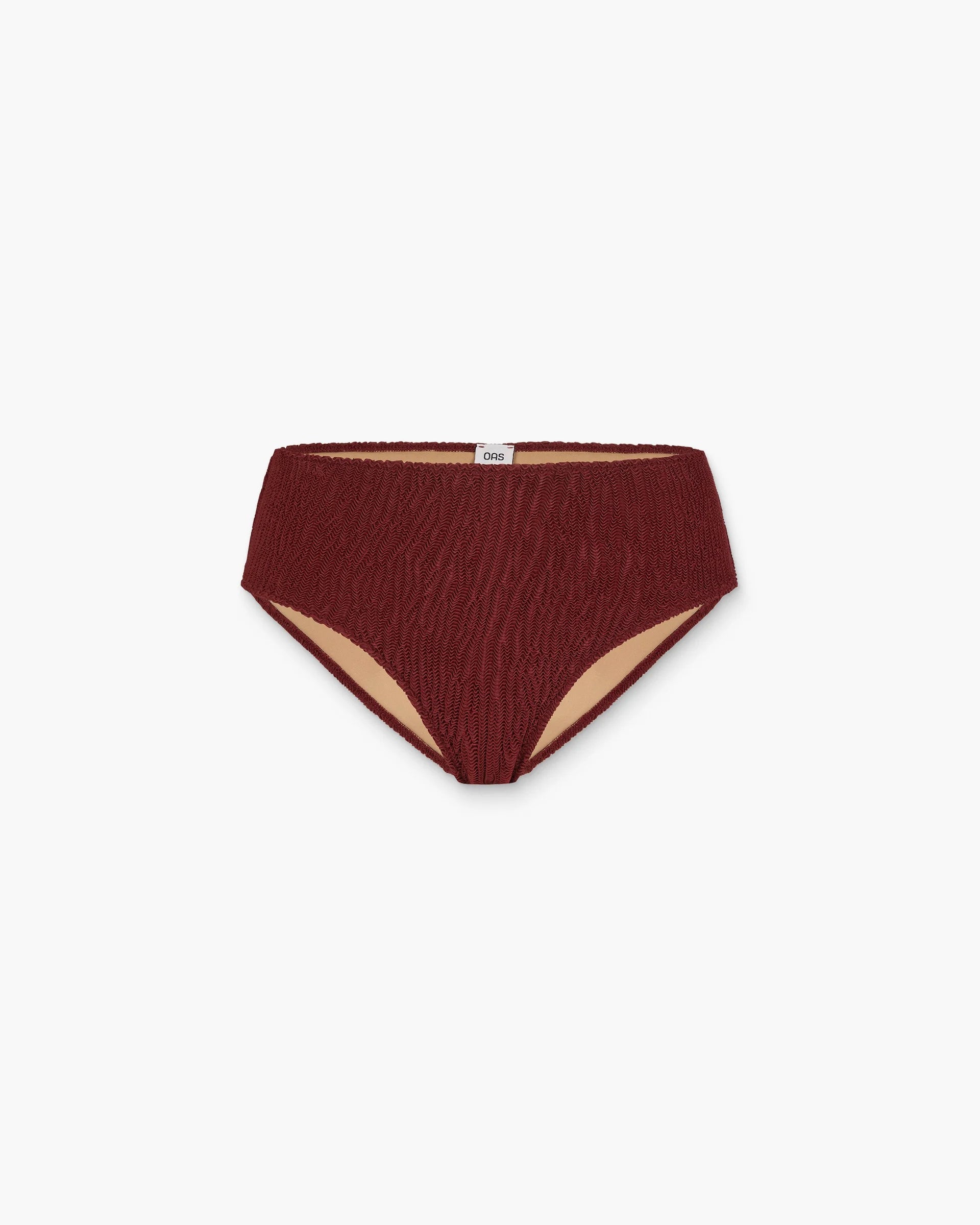 A knitted ribbed material bikini bottom in burgundy colour by OAS
