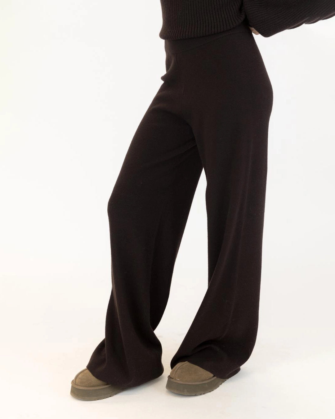 woman wearing wide leg brown knit pant