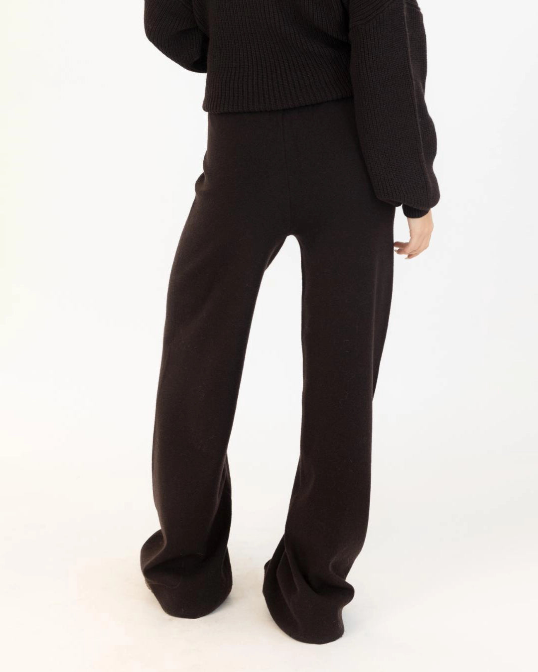 woman wearing wide leg brown knit pant
