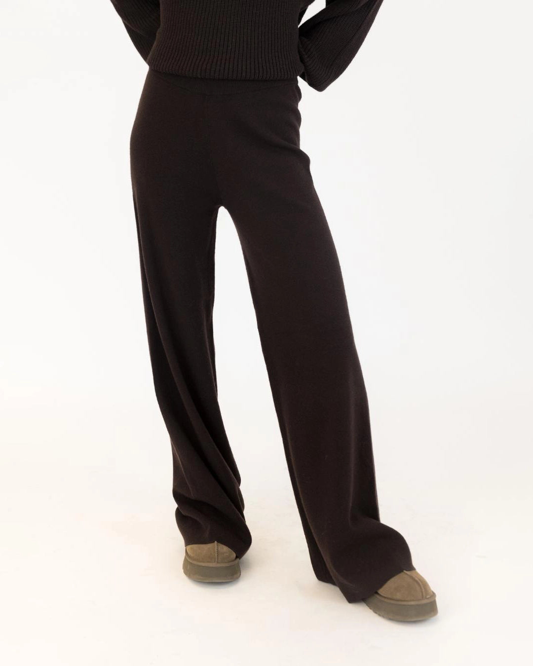 woman wearing wide leg brown knit pant