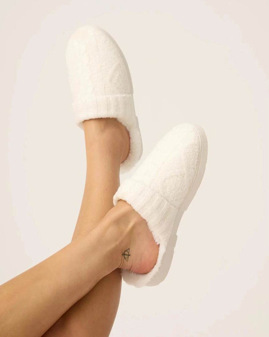white cable knit textured slide slippers by PJ Salvage