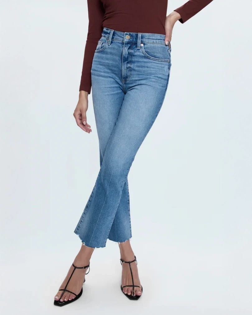 Model wears Pistola Lennon high waisted cropped jeans