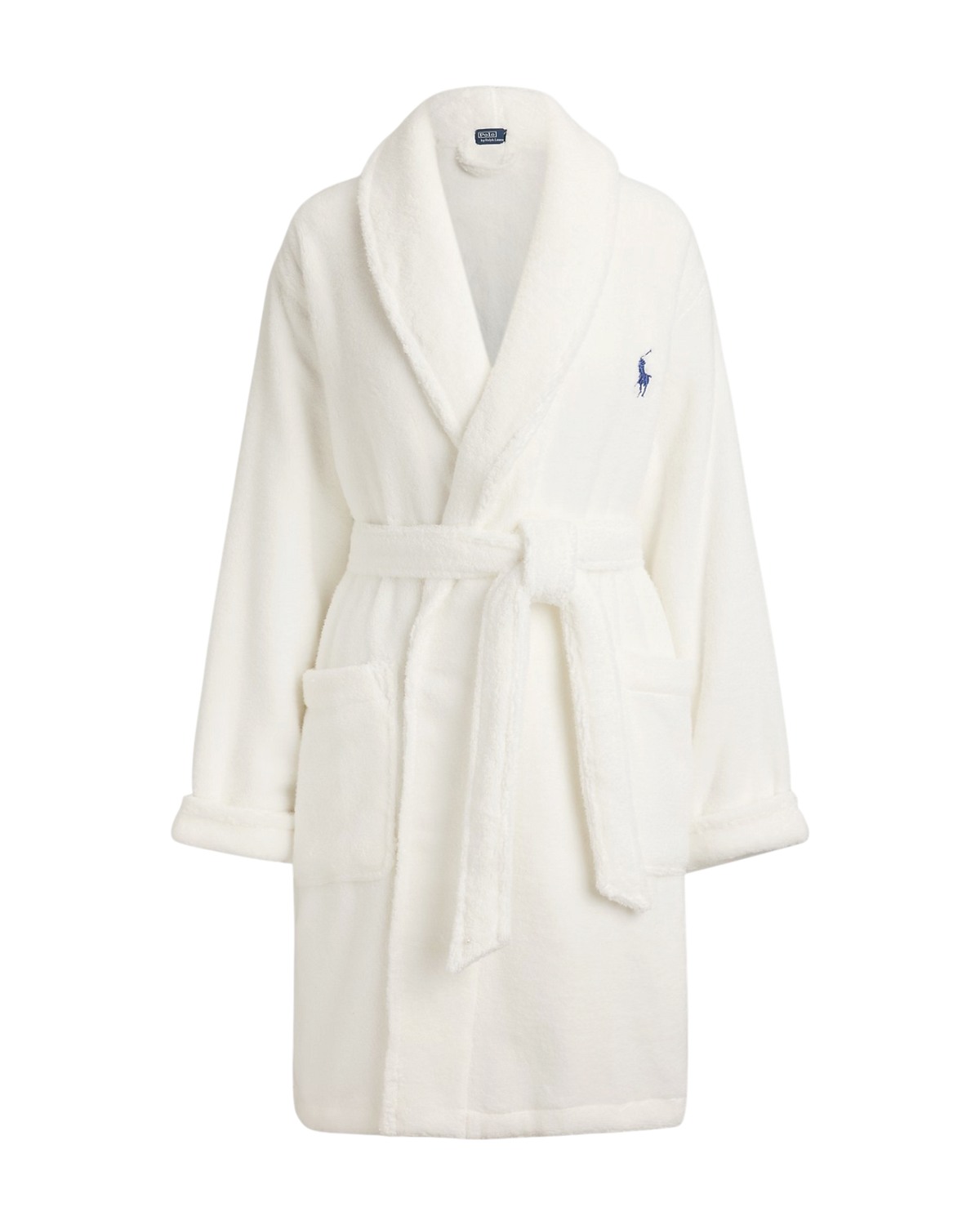 a short cotton terry bathrobe with the polo ralph lauren logo on the chest and a large bear embroidered on the back