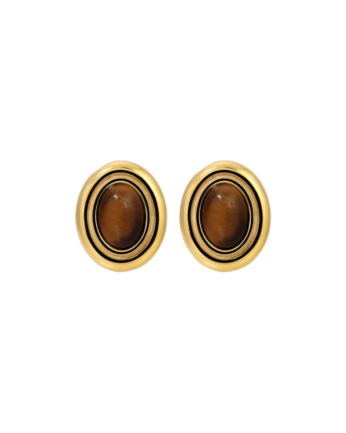 large oval earring with gold outline and brown stone in the middle