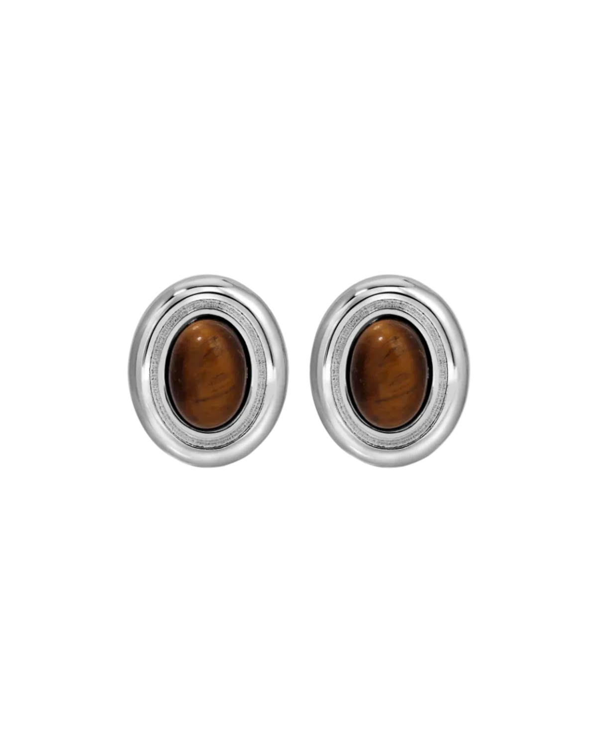 large silver oval earring with brown stone in the middle