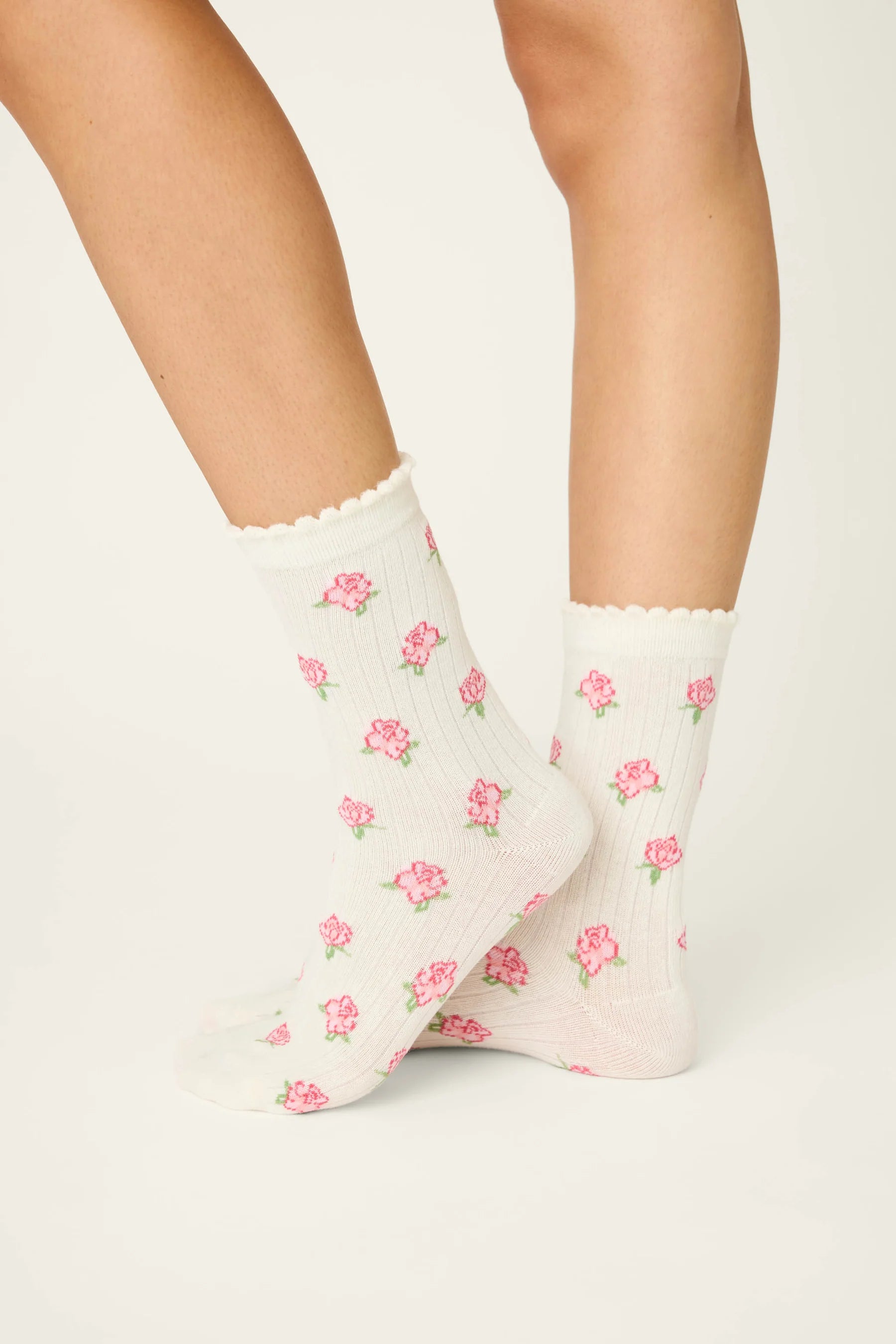 high crew socks in white with pink flowers