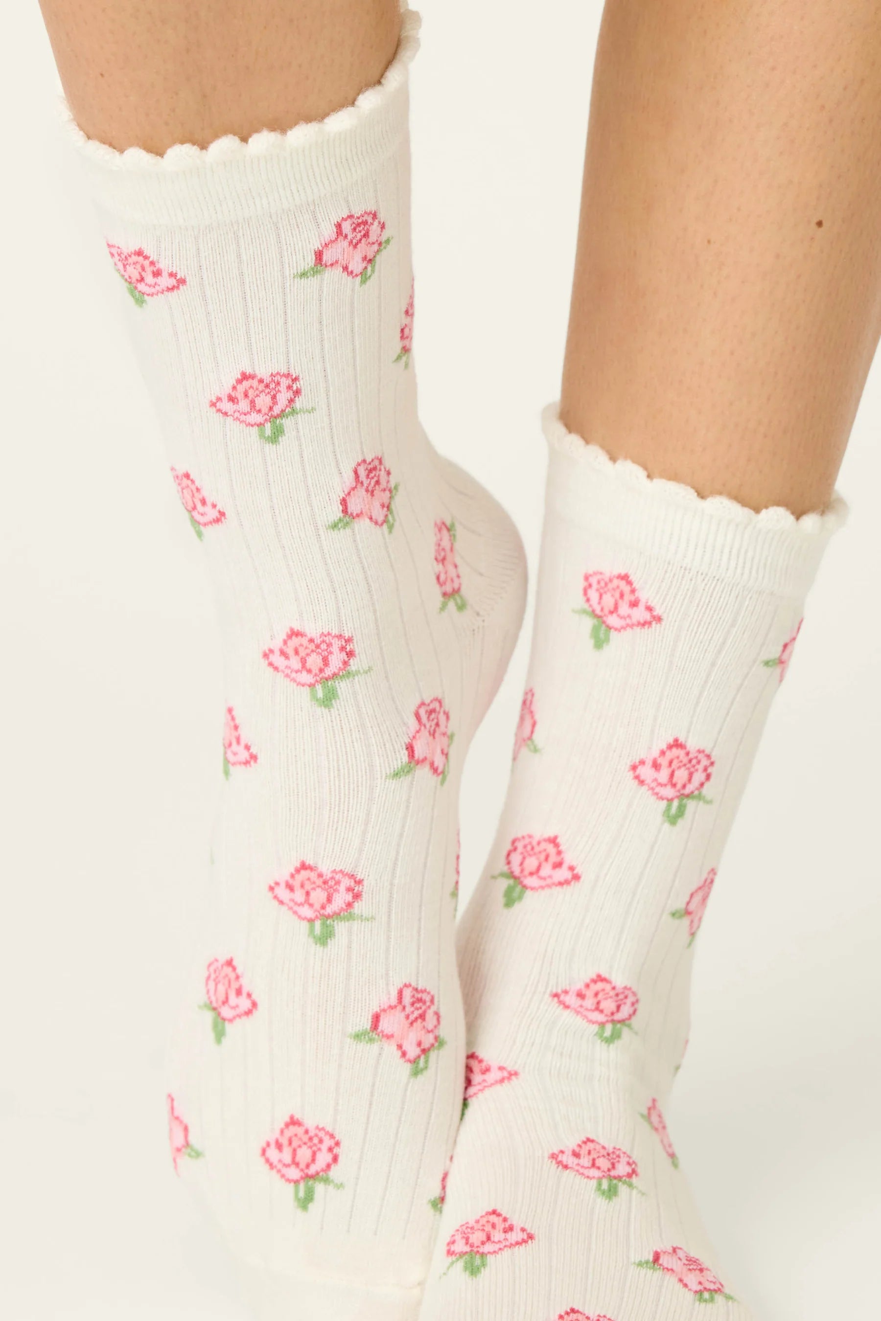 high crew socks in white with pink flowers