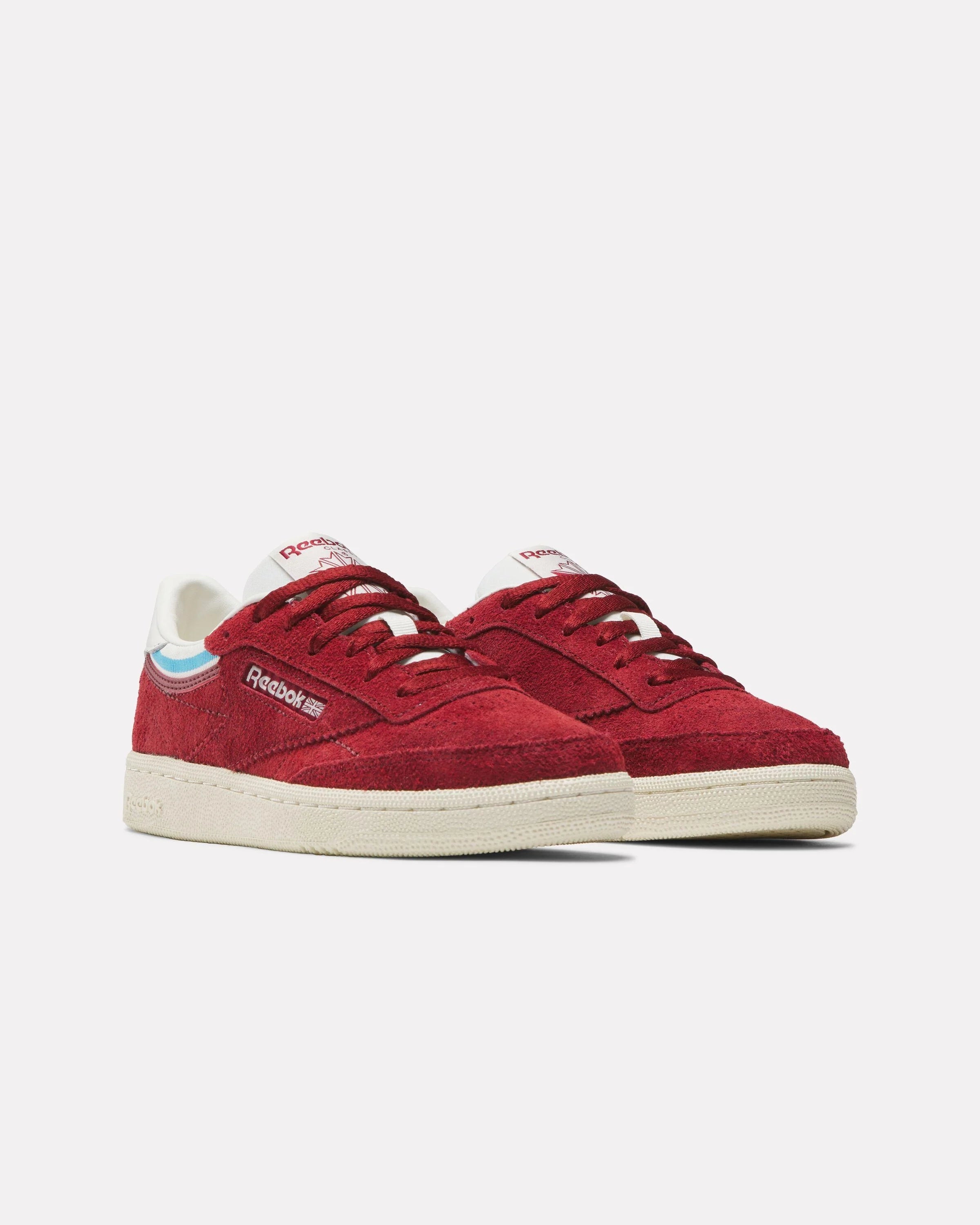 Red Reebok Club C85 Sneaker with Turquoise Accents