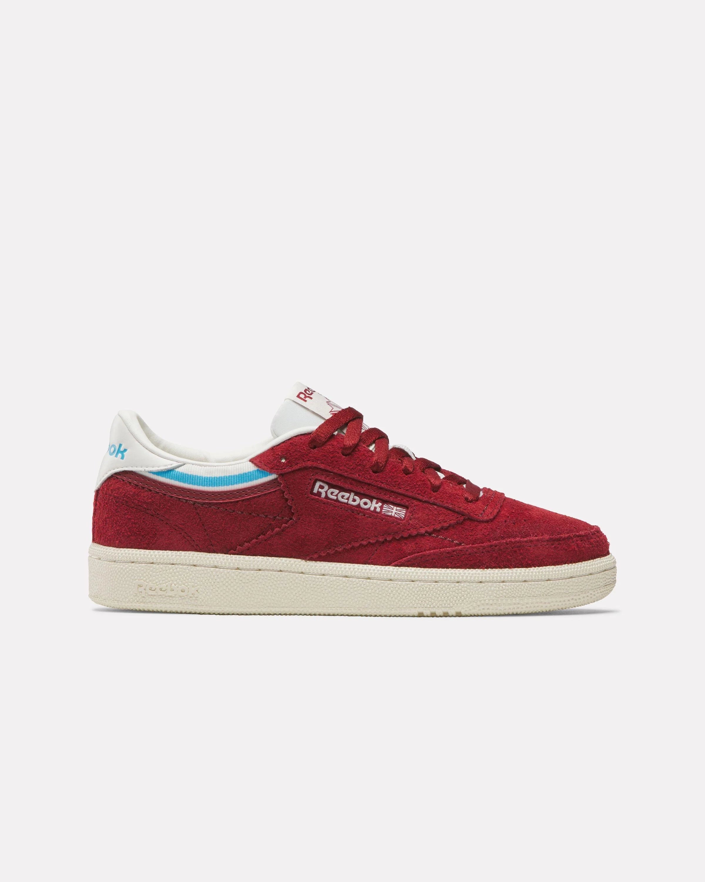Red Reebok Club C85 Sneaker with Turquoise Accents