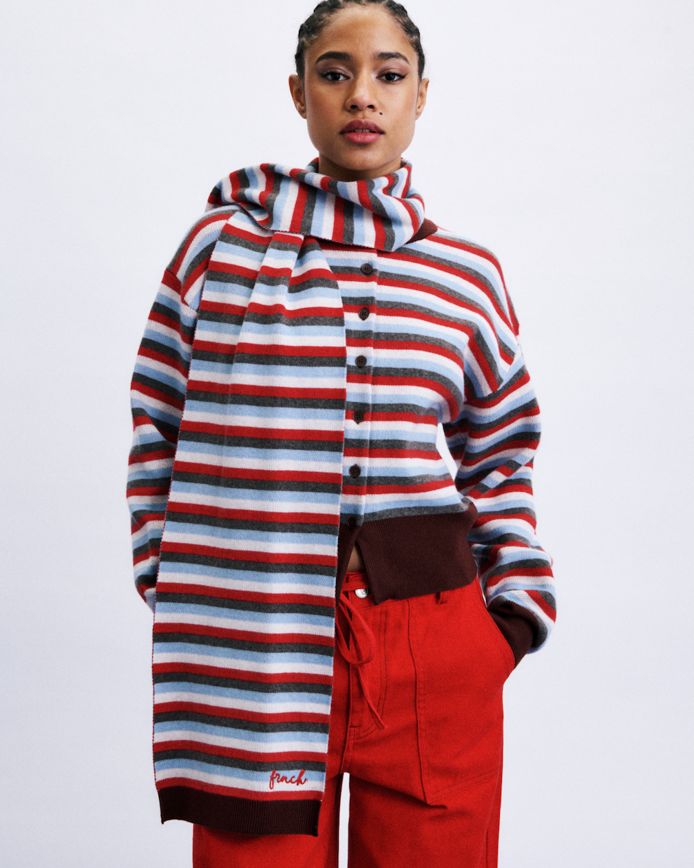 striped cardigan with matching scarf in burgundy, grey, blue, white and red