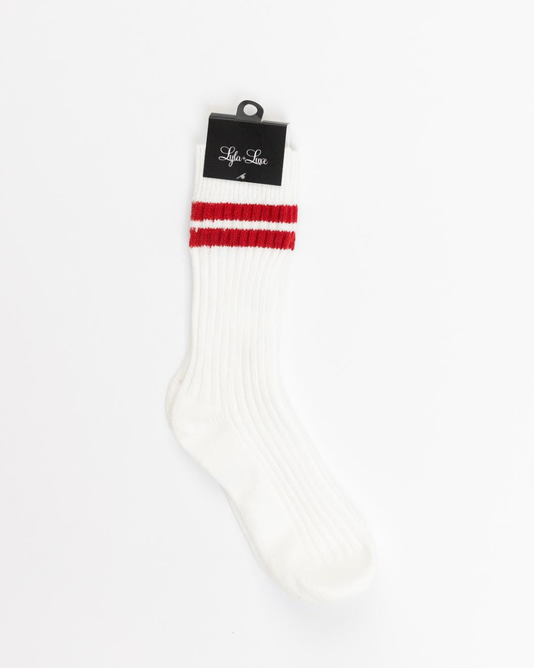 white crew socks with red stripes at the top