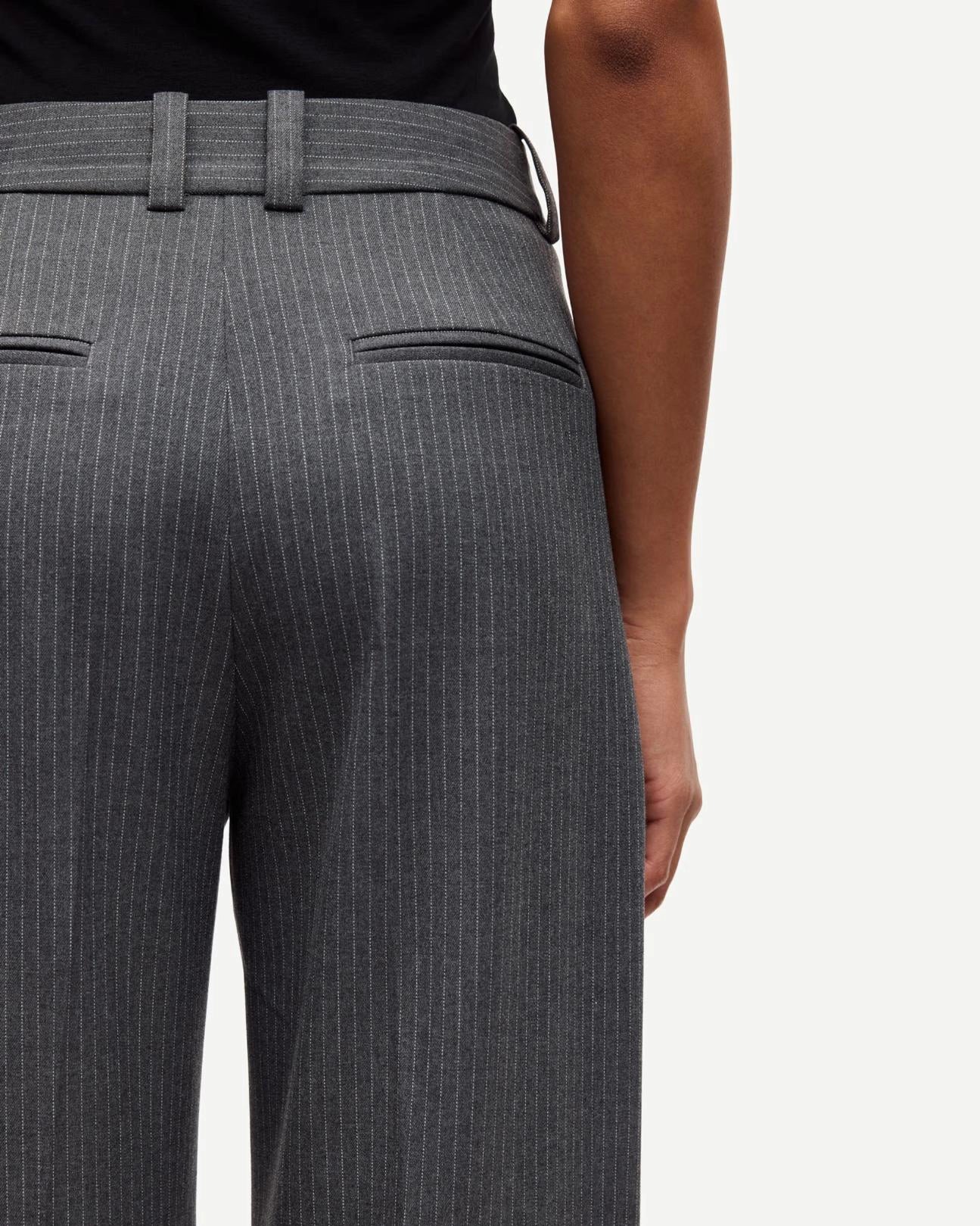 back view of pinstripe suit