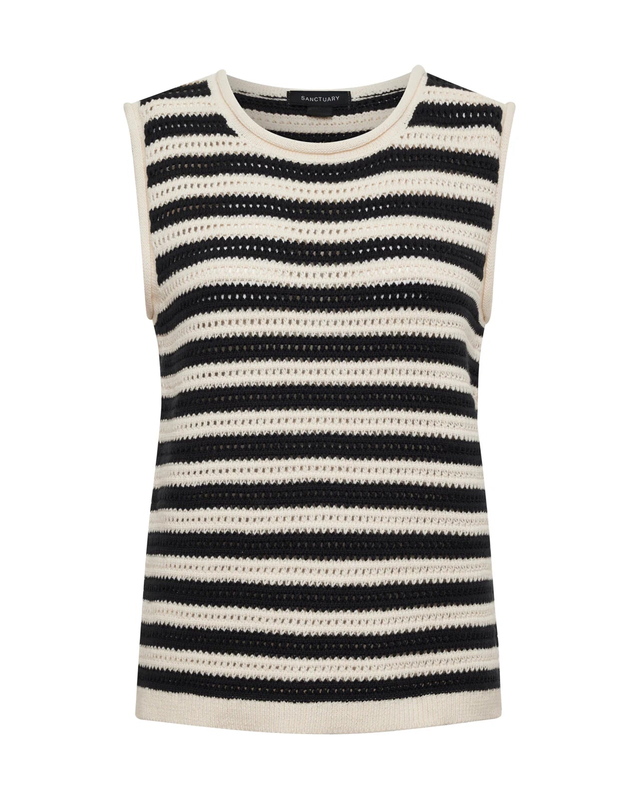 a crochet knit black and white striped sleeveless top