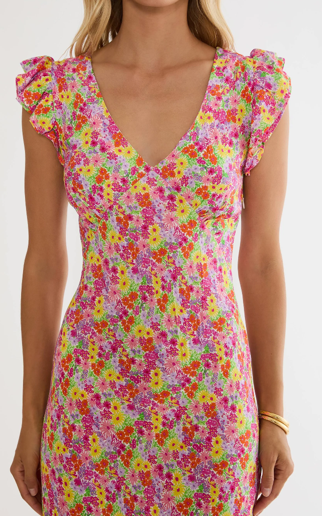 maxi dress with a pink, green and yellow floral print