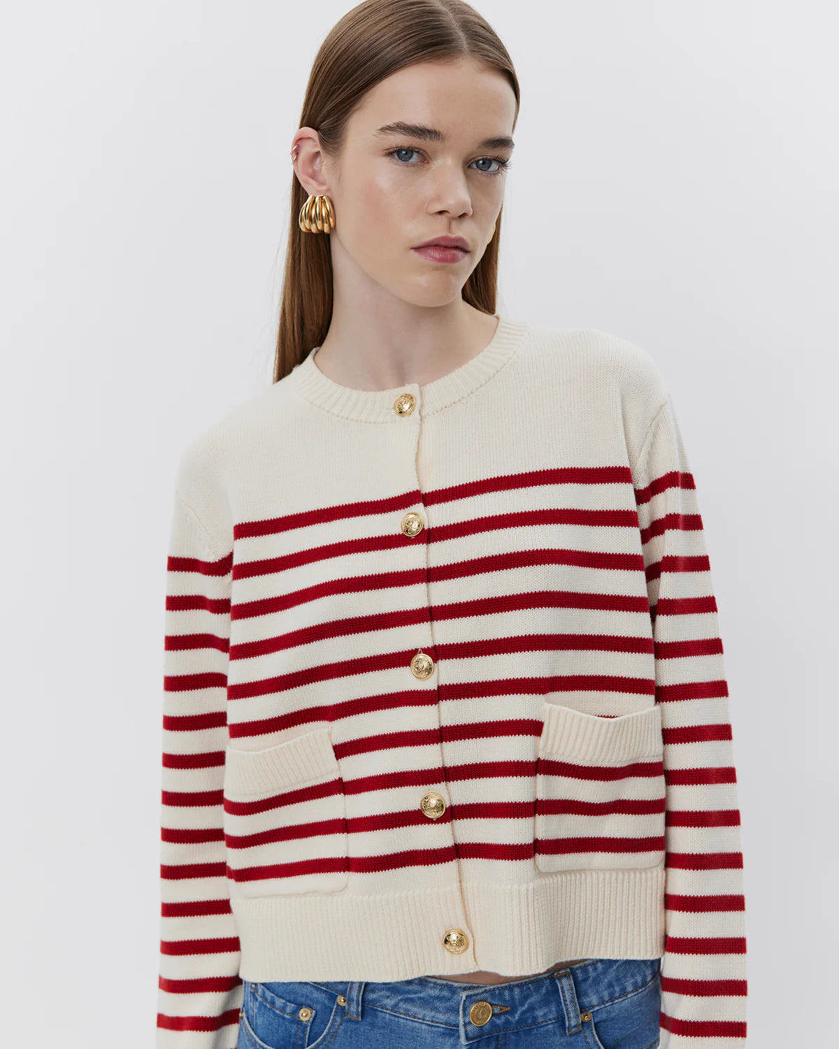 Red and White Stripe Knitted Cardigan with brass buttons and pockets by Sofie Schnoor