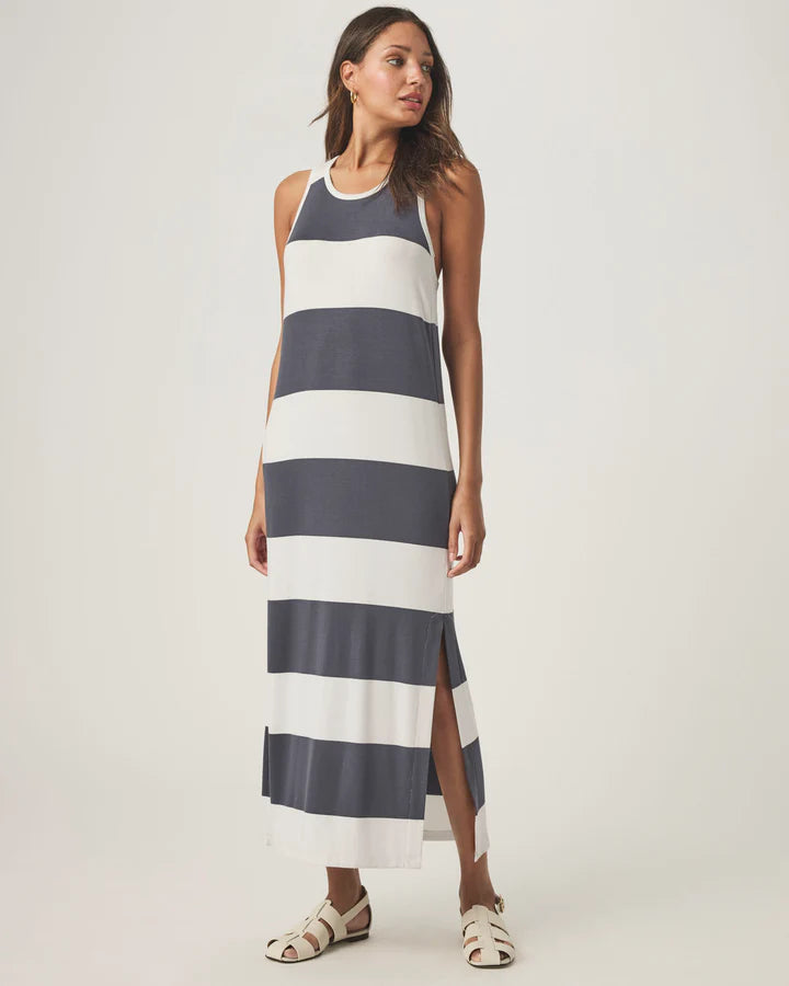 A Tank Dress in midi length with blue and white large stripes