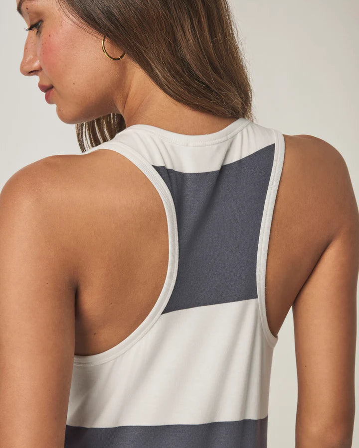 A Tank Dress in midi length with blue and white large stripes