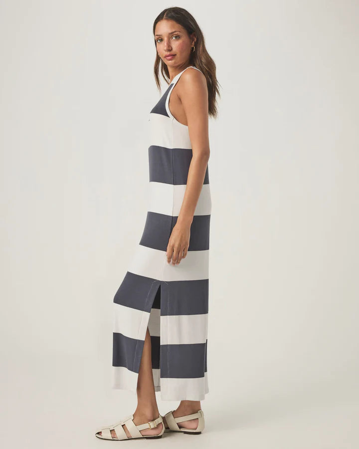 A Tank Dress in midi length with blue and white large stripes