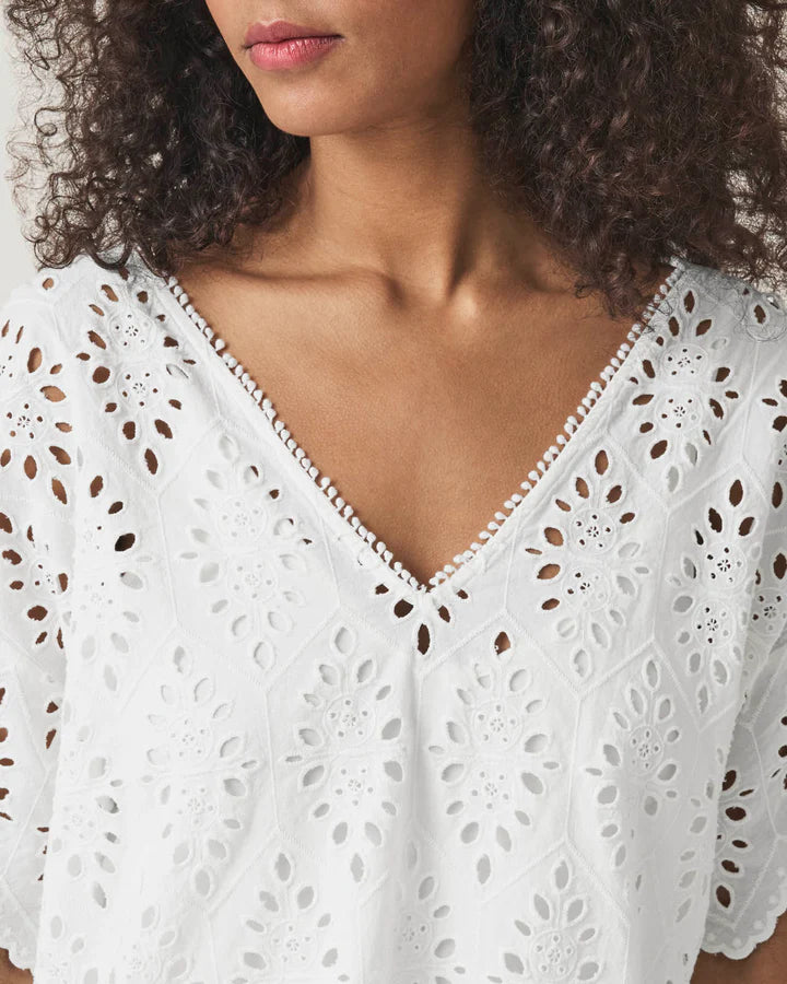 close up of woman wearing a white lace eyelet cotton dress with v neckline