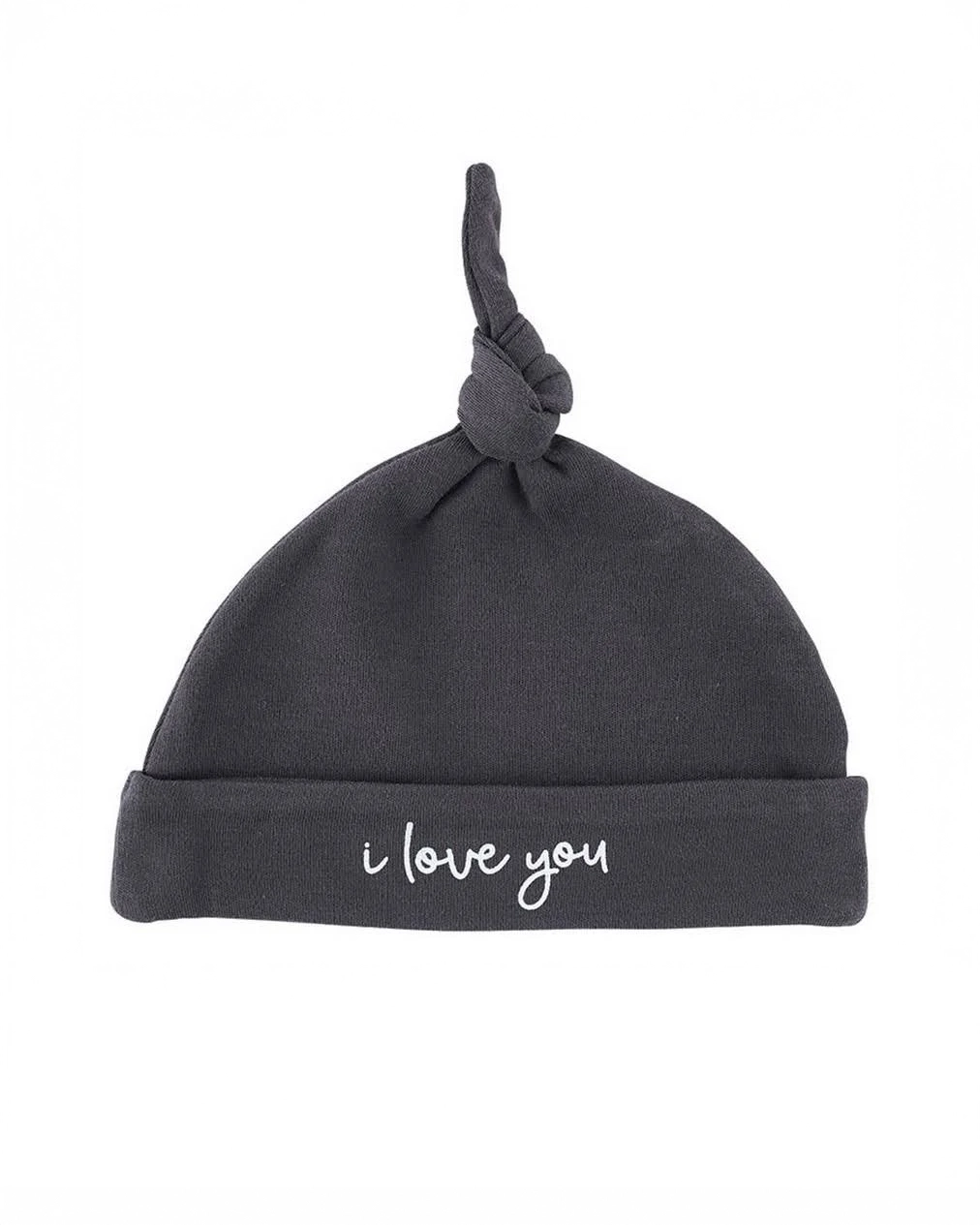 Small black baby hat with 'I Love You' written on it in cursive