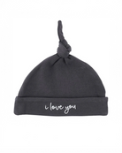 Small black baby hat with 'I Love You' written on it in cursive