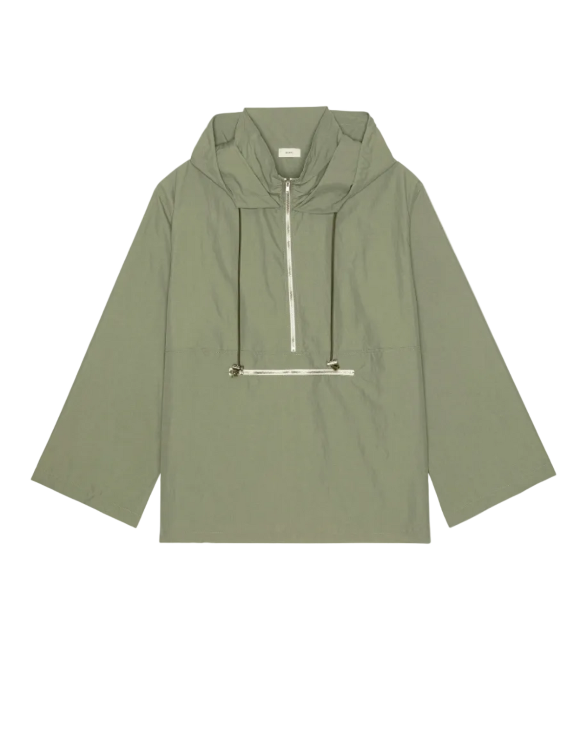 green rain jacket with wide sleeves and a hood