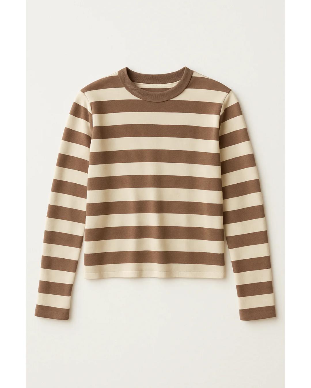 beige and brown stripe long sleeve top