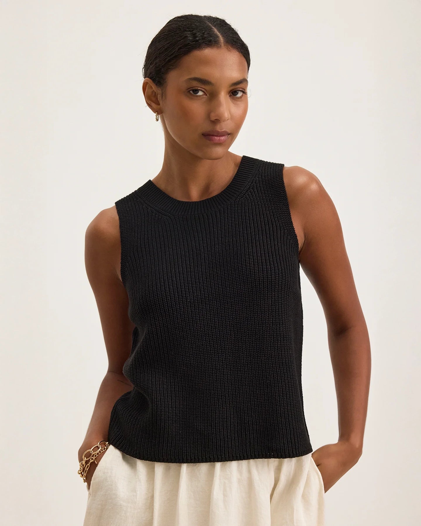 Ribbed Knitted Black Vest Top in Black by Velvet