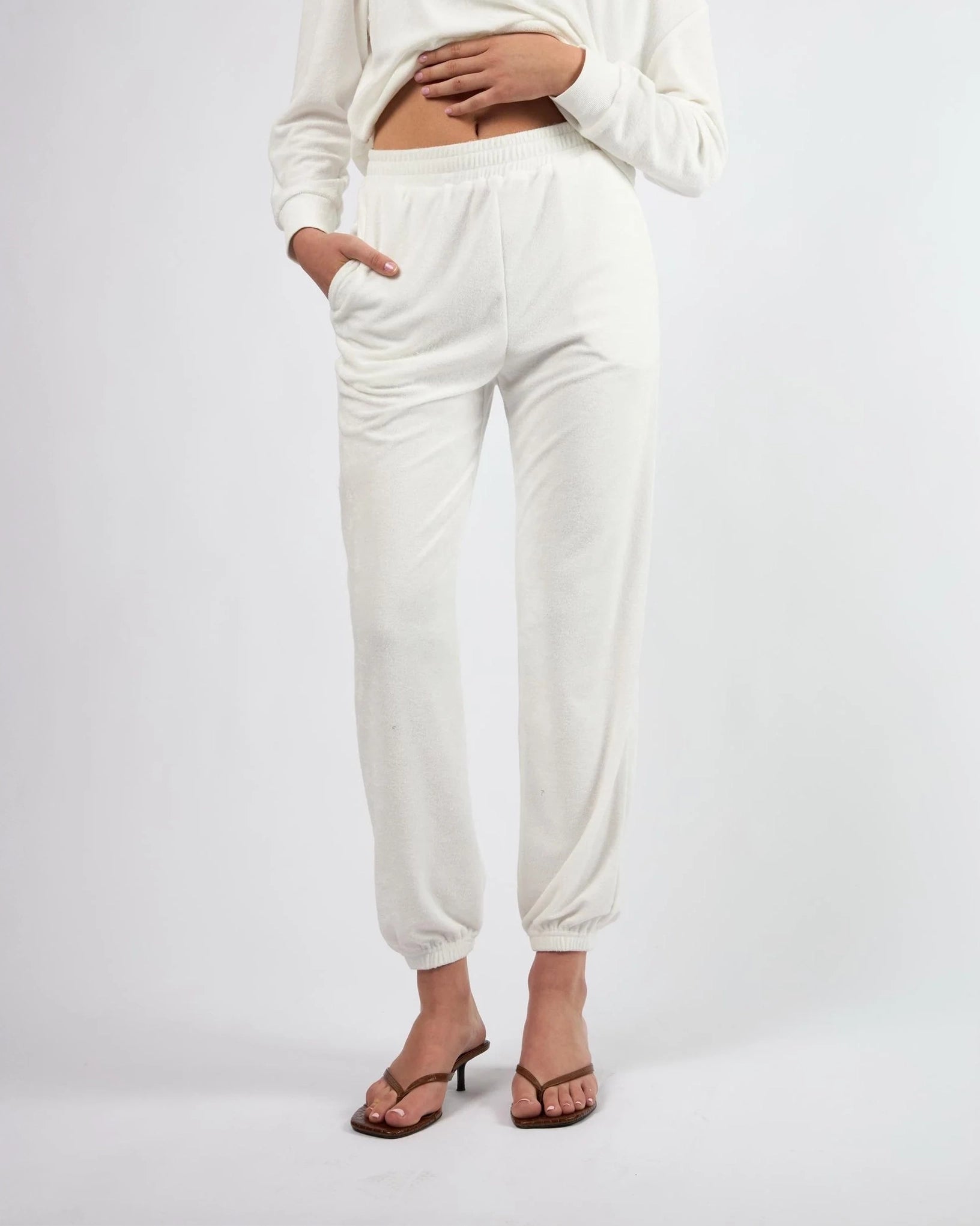 White Terry Lounge Pants Resortwear by Viens avec Moi