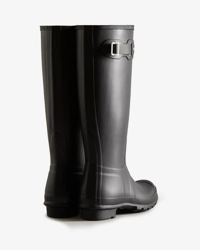 A black Hunter Original Tall Boot, featuring a side buckle and a tread pattern