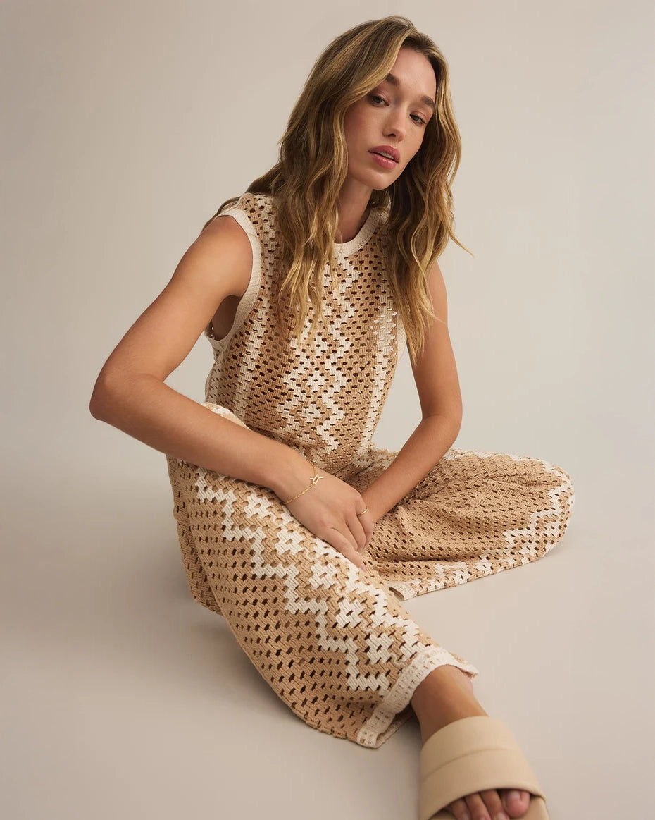 Crochet Top & Pants in Beige with White Zig Zag print