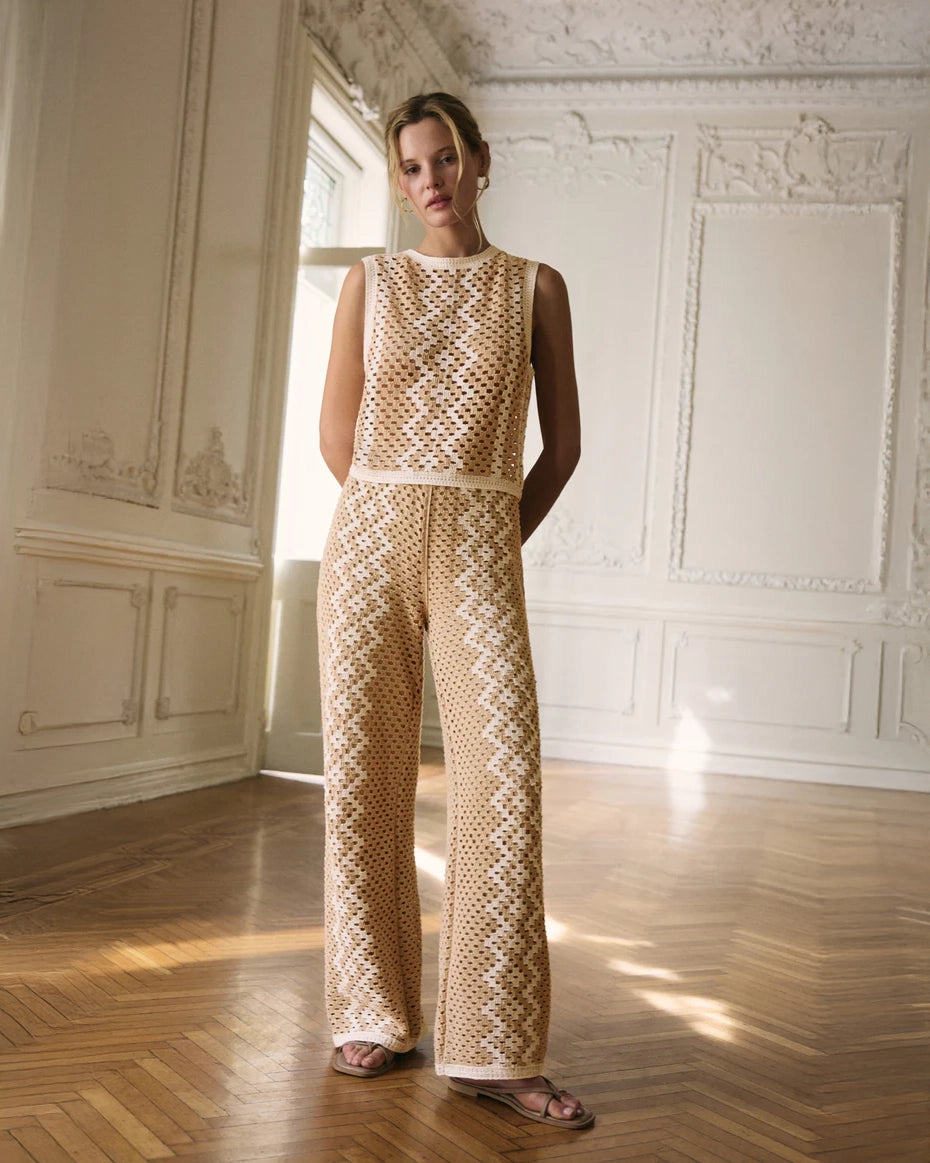 Crochet Top & Pants in Beige with White Zig Zag print