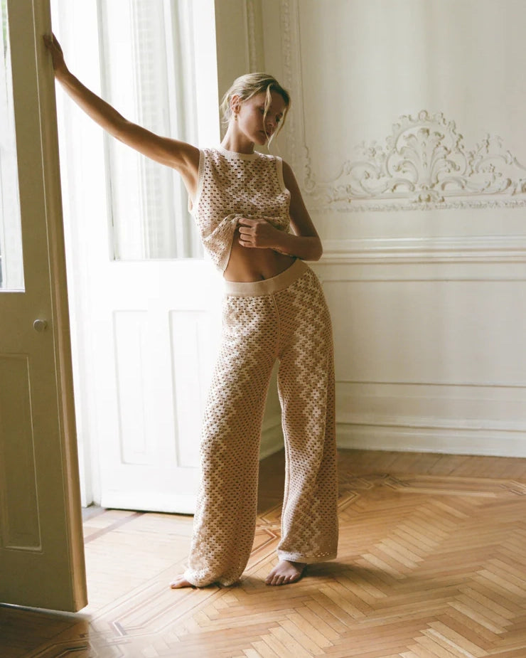 Crochet Top & Pants in Beige with White Zig Zag print