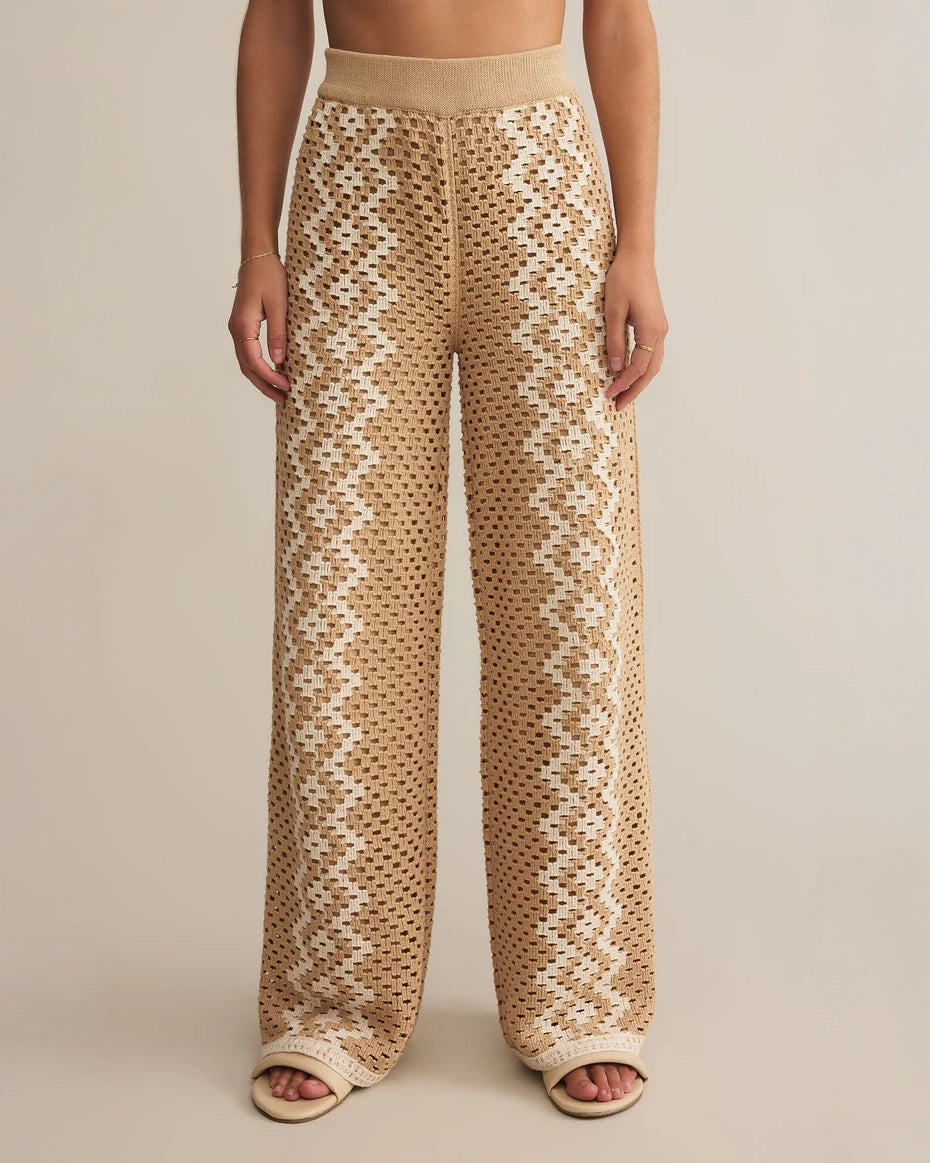 Crochet Pants in Beige with White Zig Zag print