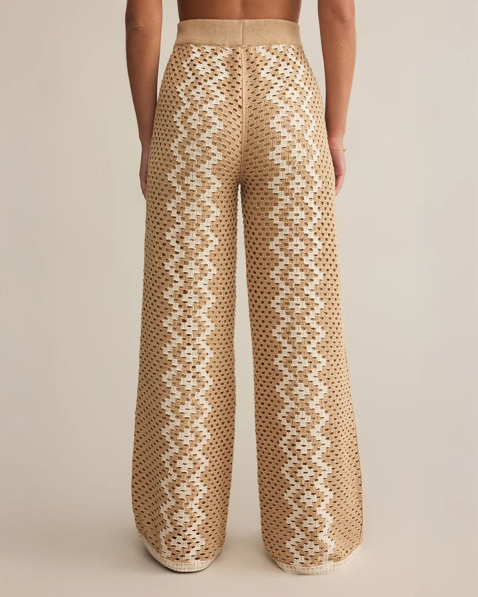 Crochet Pants in Beige with White Zig Zag print