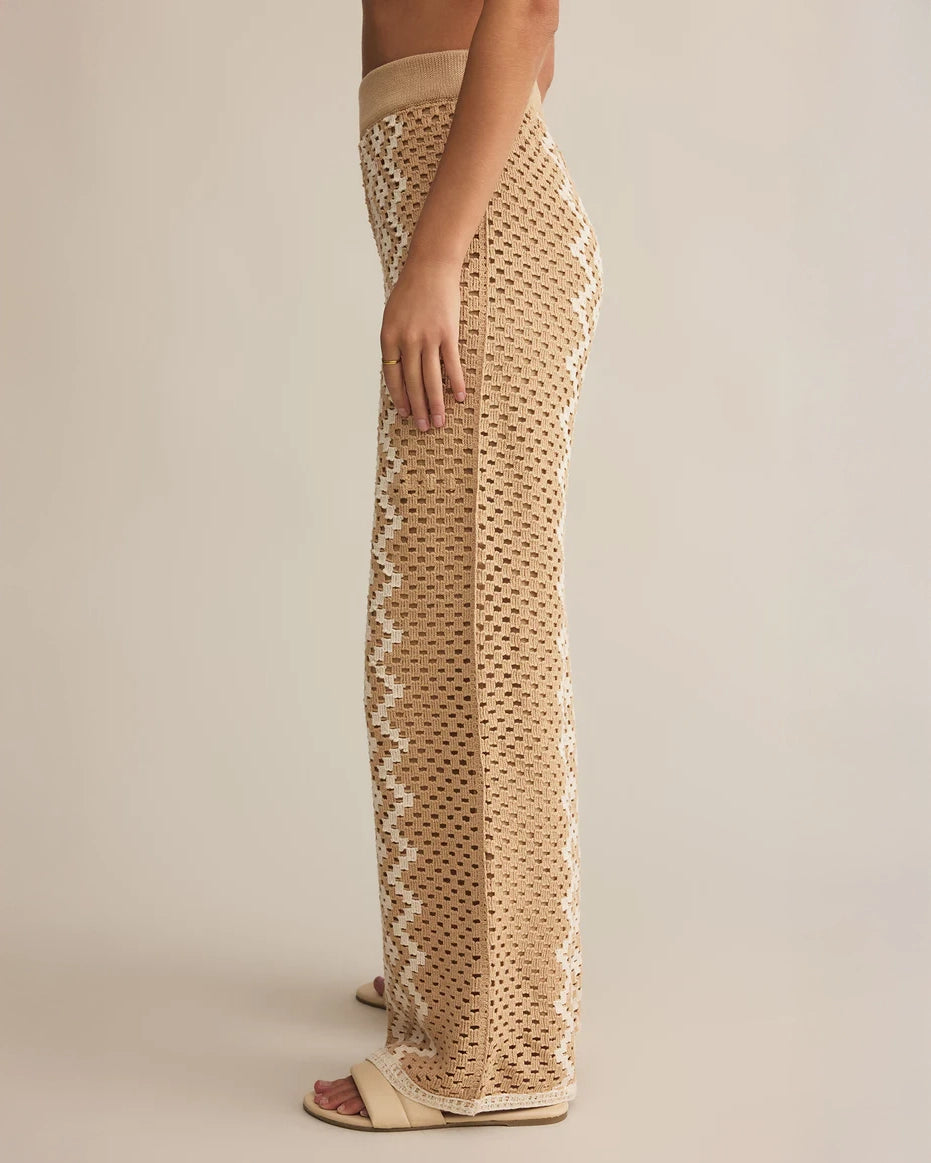 Crochet Pants in Beige with White Zig Zag print