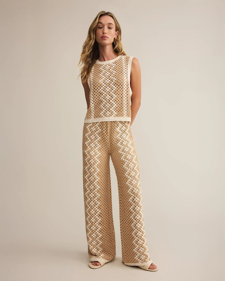 Crochet Top & Pants in Beige with White Zig Zag print