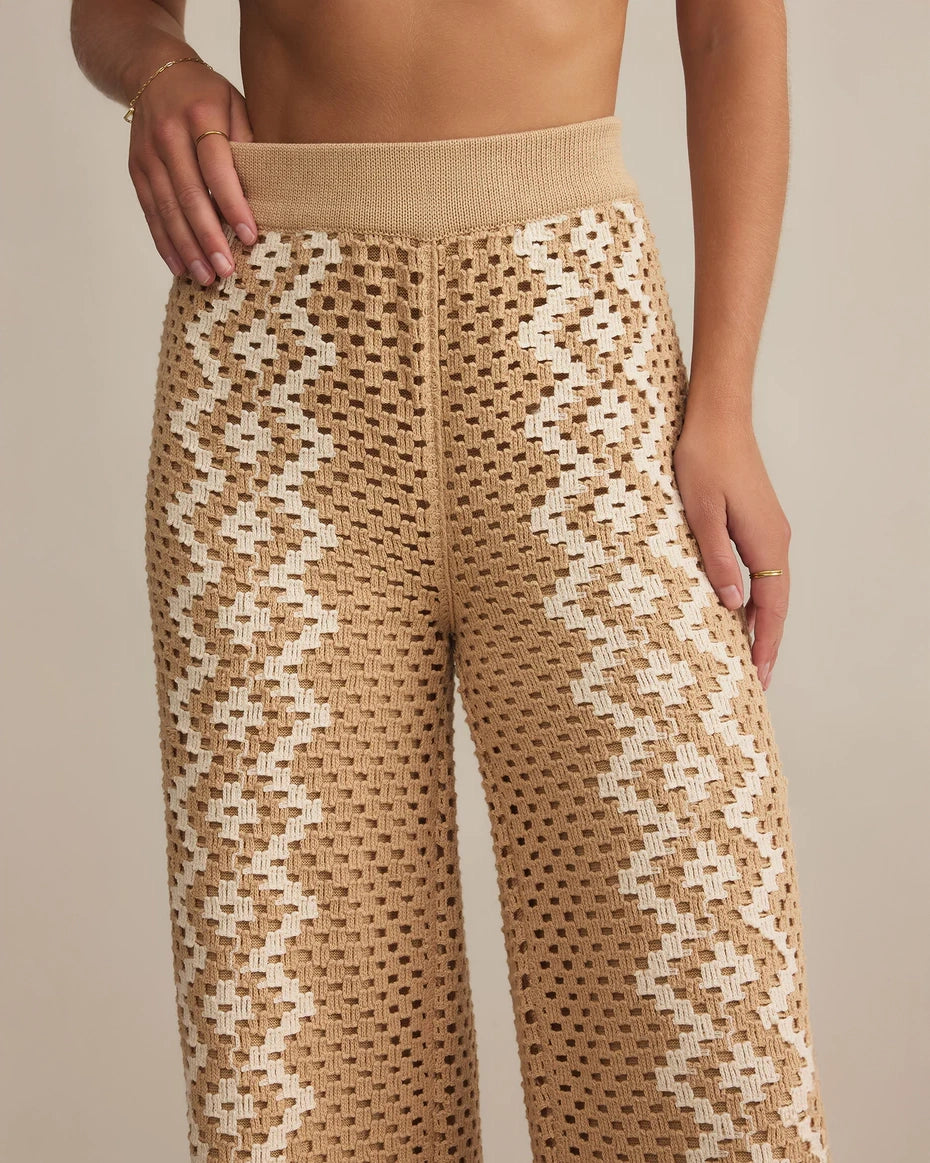 Crochet Top & Pants in Beige with White Zig Zag print