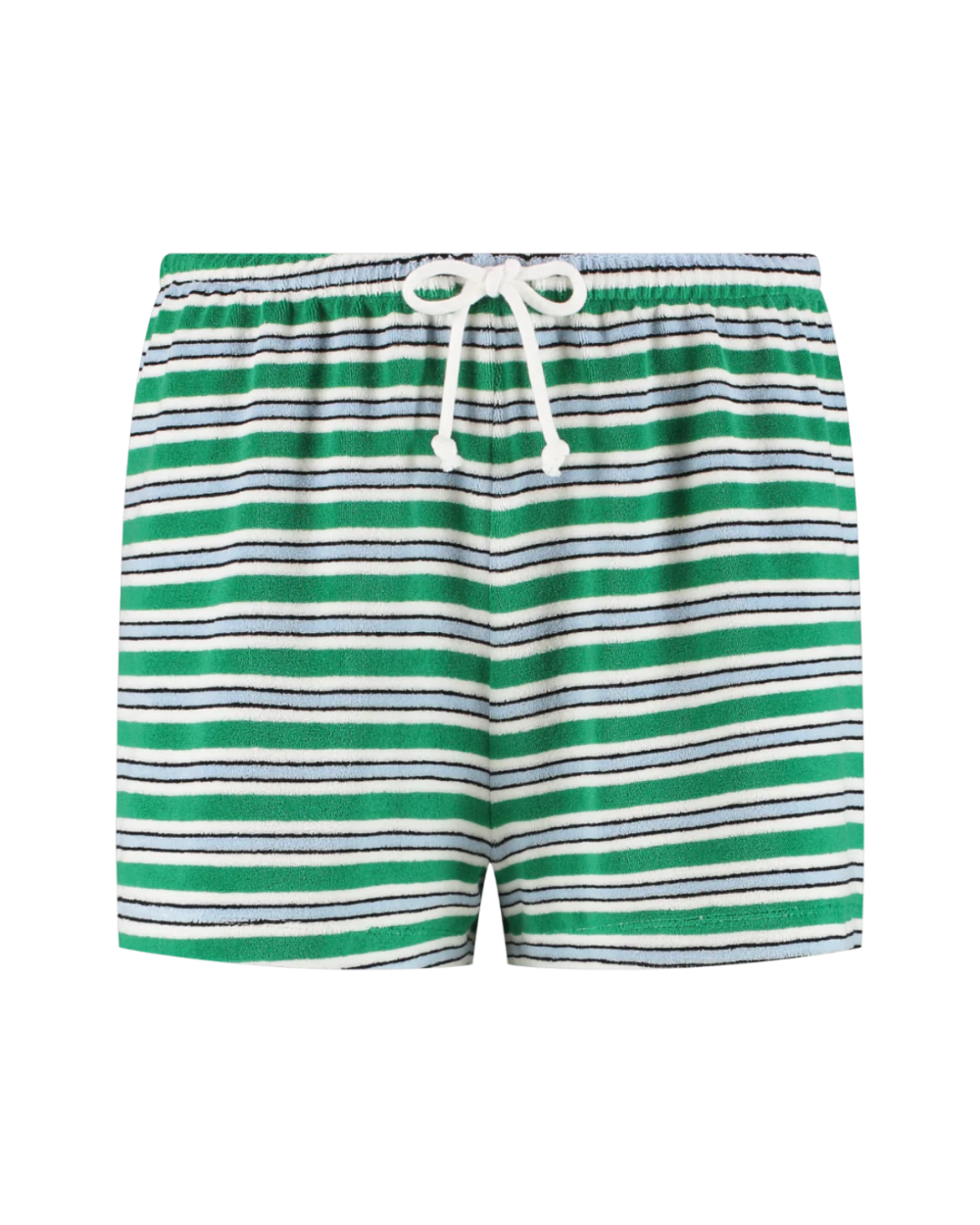 terry shorts in green, blue and cream stripes